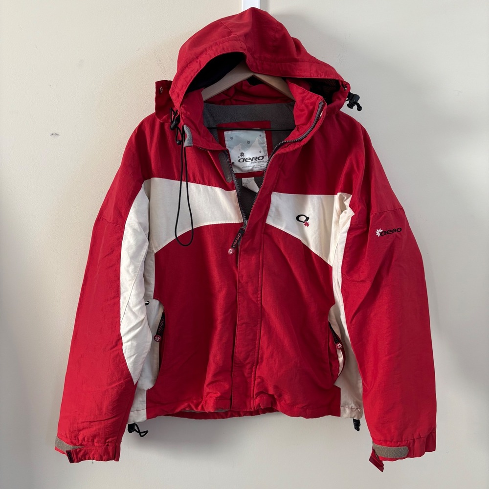 Aero Outerwear Ski Jacket Red White Fleece Lined Hooded Winter Coat Mens Large
